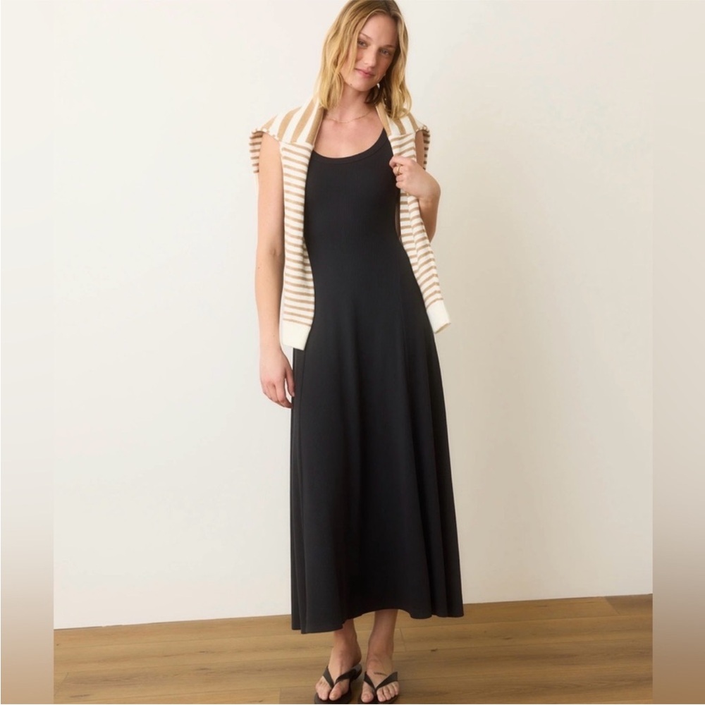 Marine Layer "Lexi" Sun-In Black Modal Blend Rib Fit + Flare Casual Midi Dress